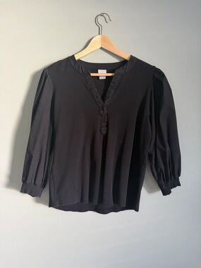 Chico's Black V-Neck Button-Trim Blouse with Puff Sleeves